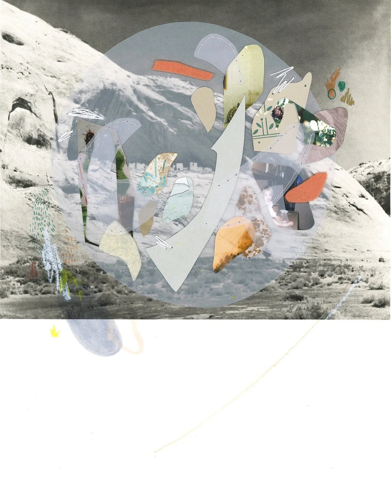 mixed media sewn abstract memory minimal collage on photograph with floating shapes transparency