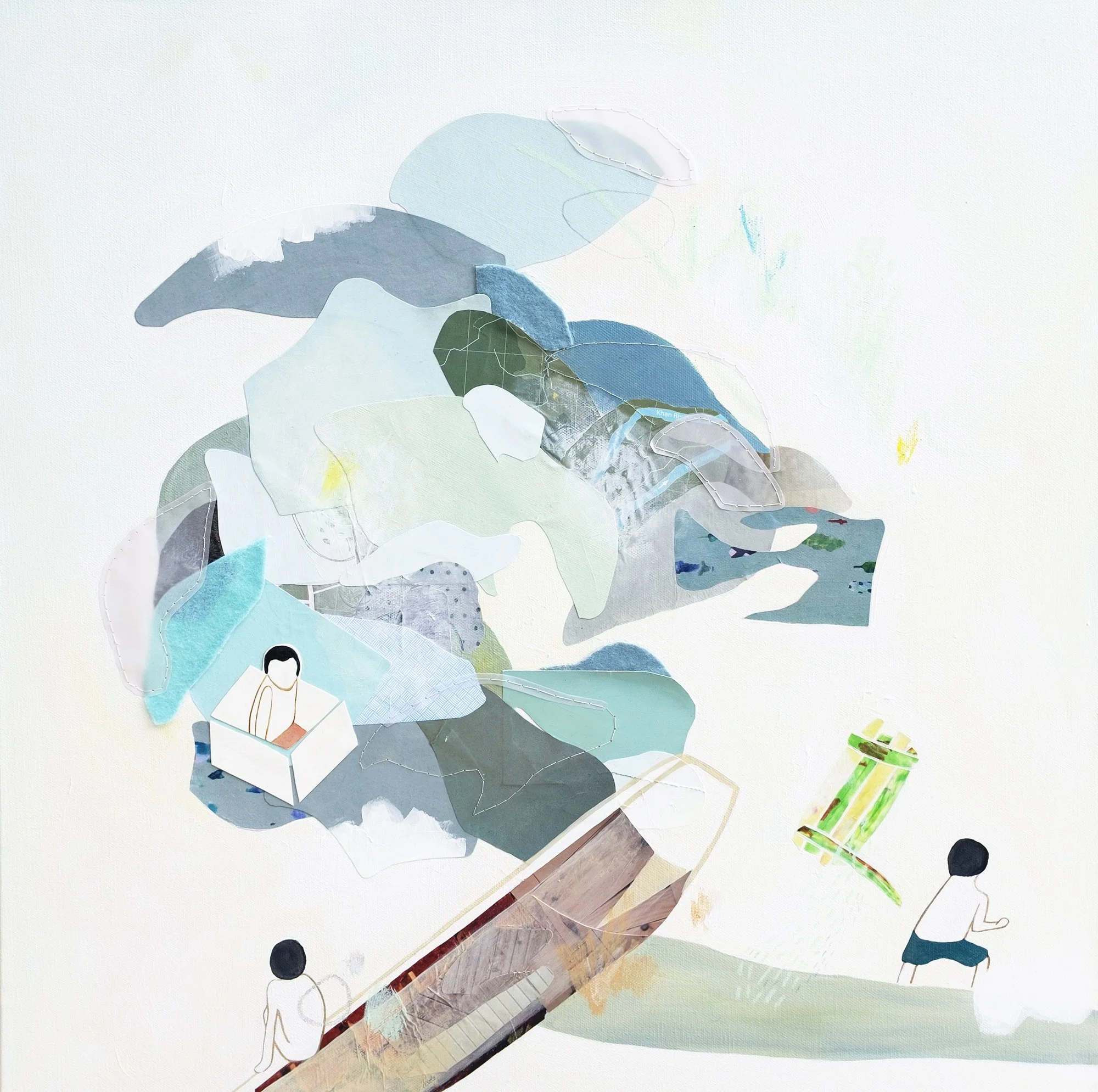 blue abstract mixed media contemporary painting figures boyhood