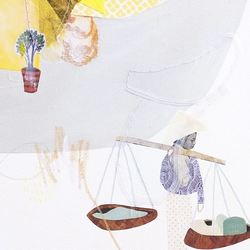 mixed media minimal art vietnam woman baskets