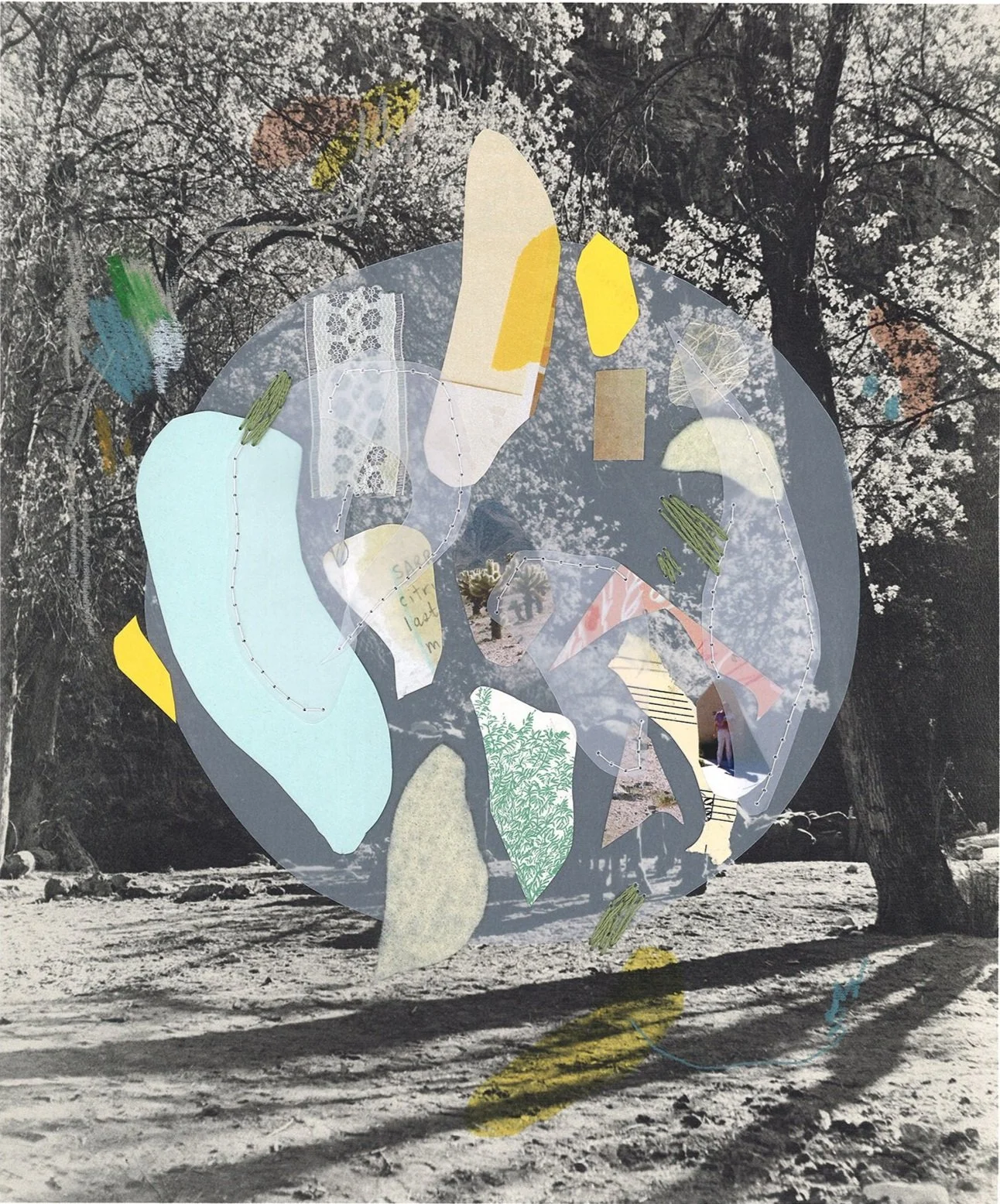 mixed media sewn abstract collage on photograph