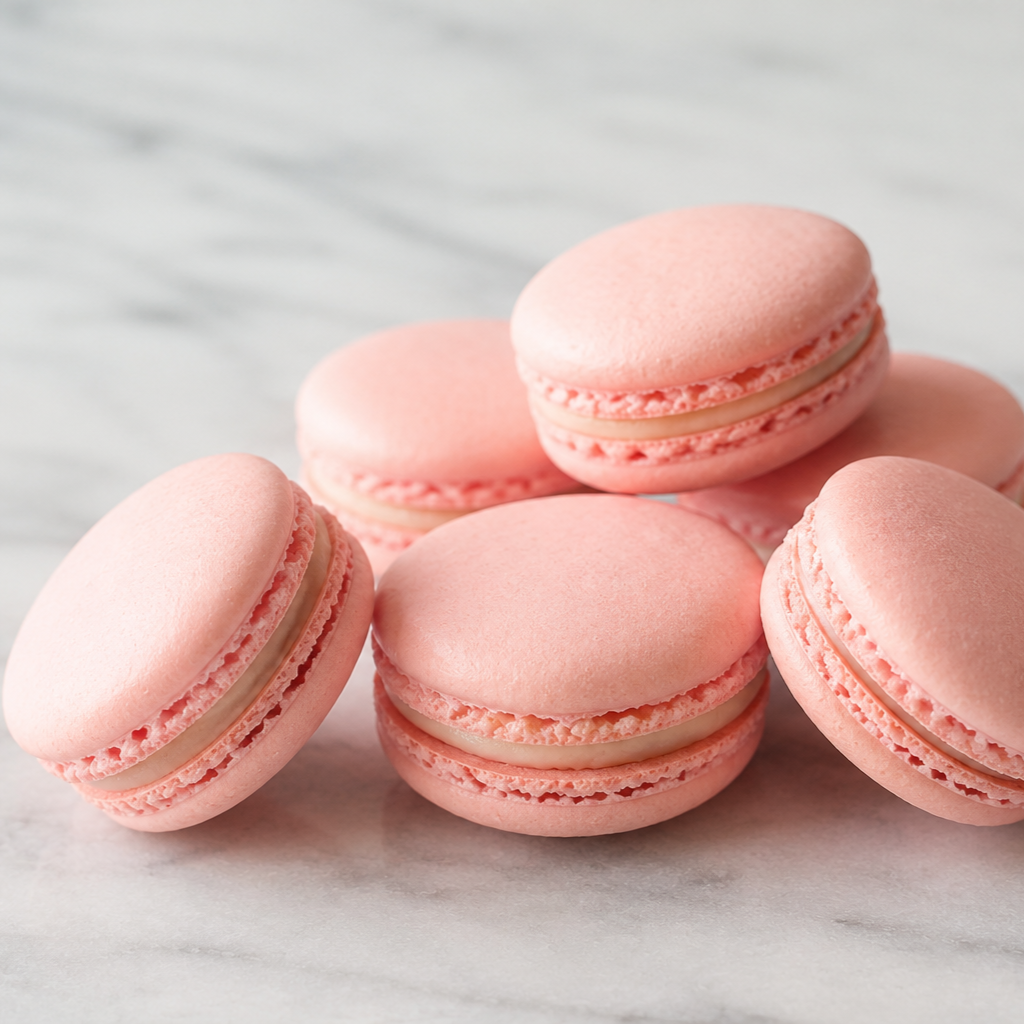 Close-up of handmade French pink macarons with smooth shells and creamy filling on a marble surface in a minimalist pastry photography style.