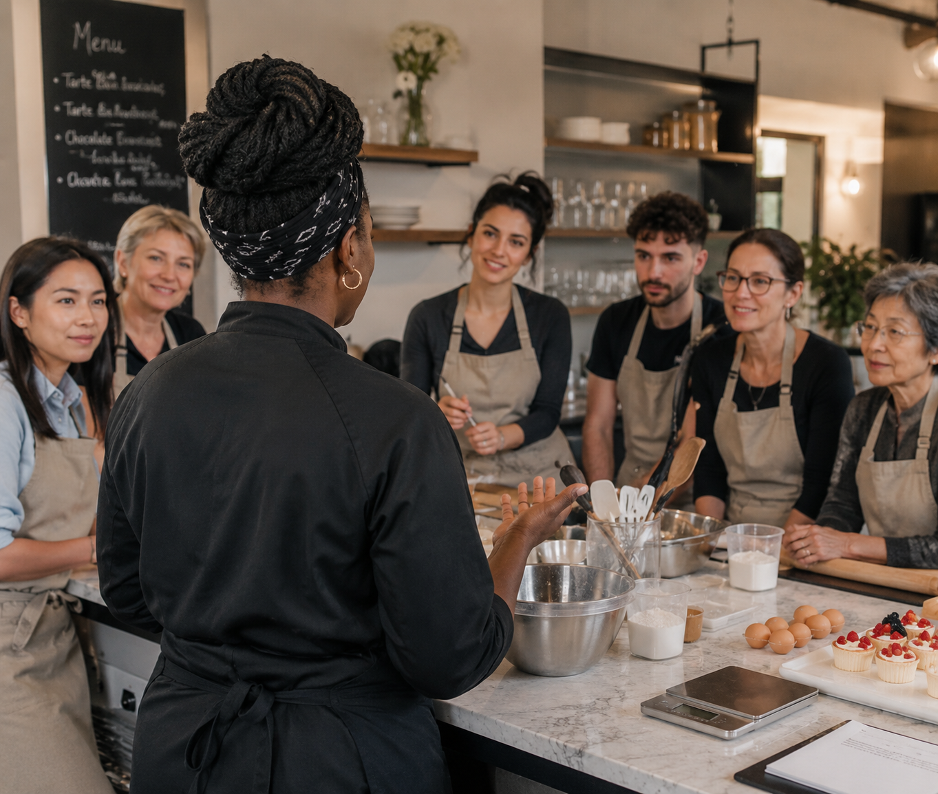 People participating in a cooking class in Santa Rosa, learning culinary skills from a chef.