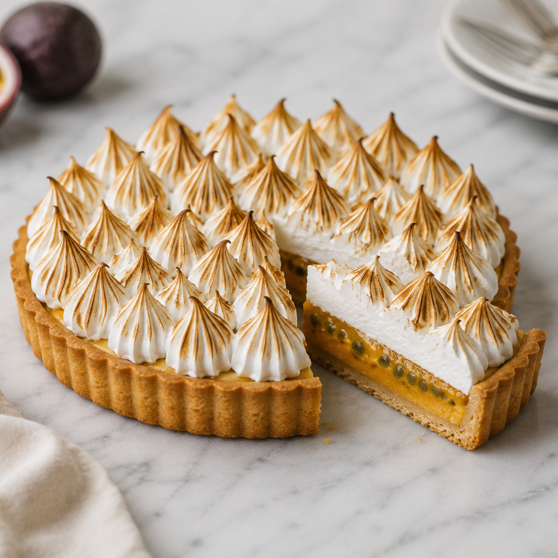Passion fruit meringue tart with toasted Italian meringue and buttery Breton shortcrust made during a French pastry workshop at Sarmentine in Sonoma County.