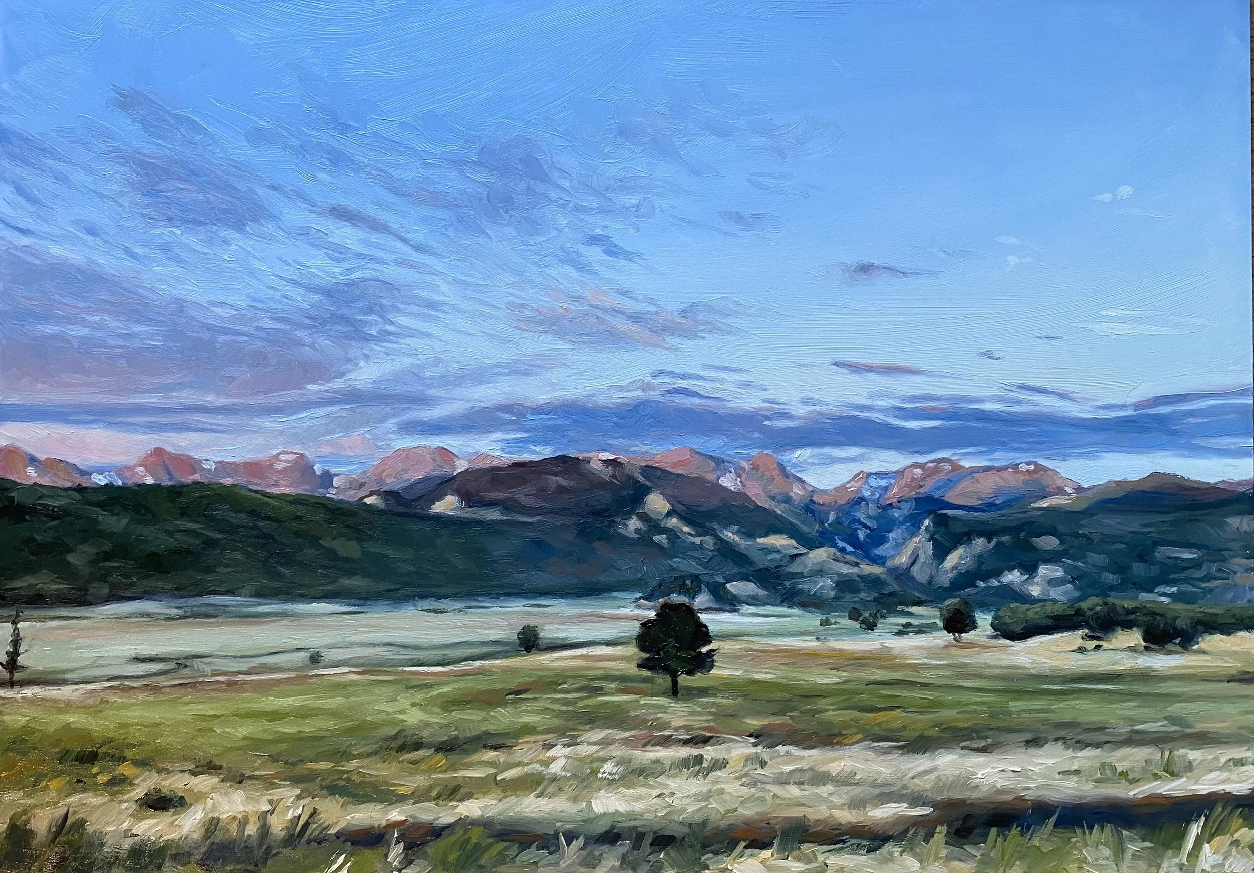 Alpenglow Over Moraine Park
9.74X14" oil on gessobord, 2024,

Moraine Park, Rocky Mountain National Park, available
