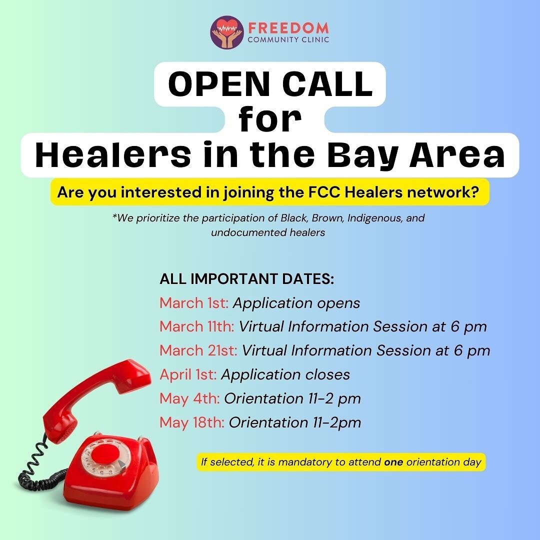 Hello beautiful community! Will you answer the call? ☎️

We are looking for new healers located in the Bay Area to join our healers network. We prioritize the participation of Black, Brown, Indigenous, and undocumented healers. This invitation is for