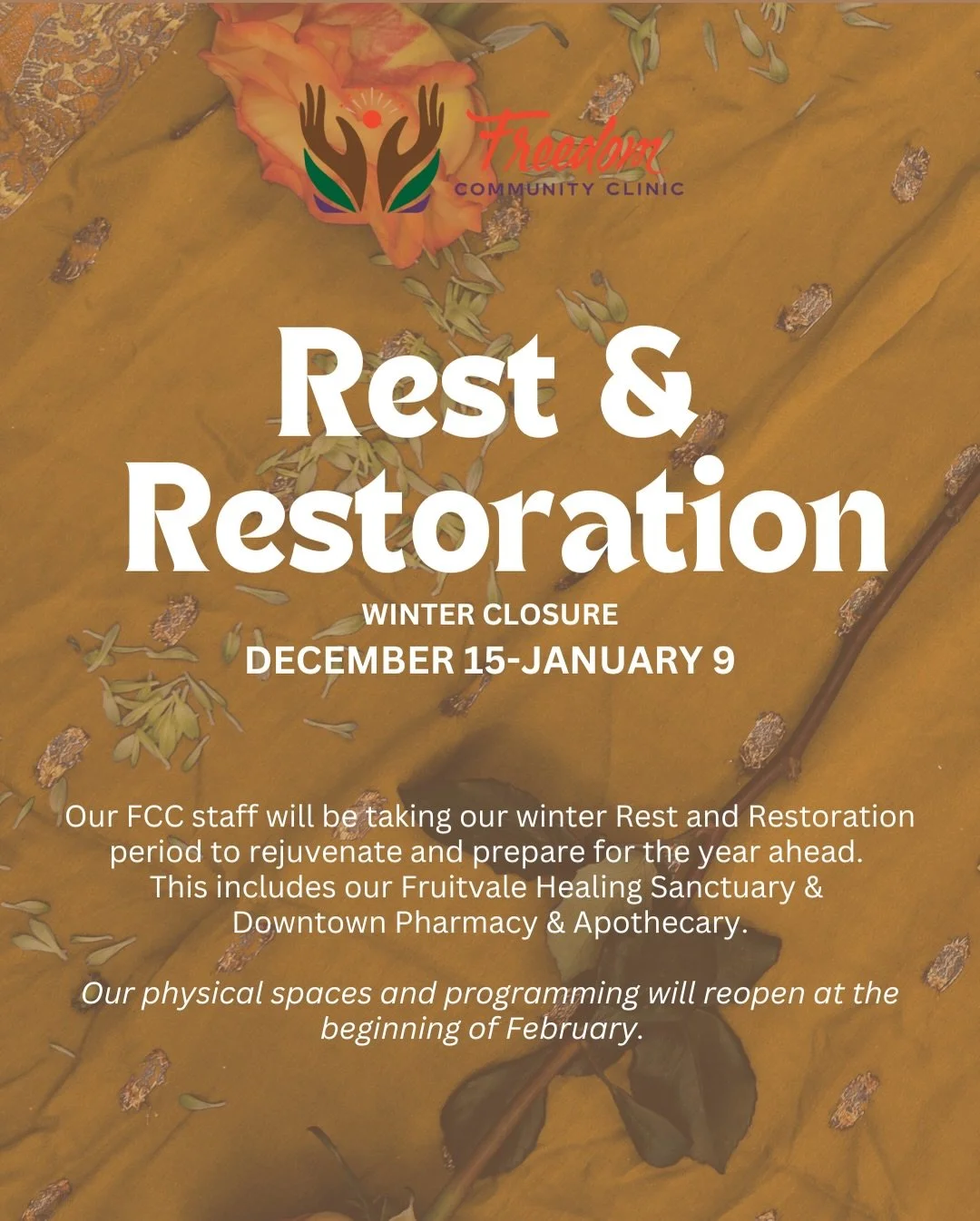 Big gratitude to our FCC family 🌿🤲🏾 As we head into our annual Rest &amp; Restoration period (Dec 15-Jan 9), we want to thank each and every one of you for an impactful 2025, in the midst of all that we are facing. From our healers, auxiliary staf