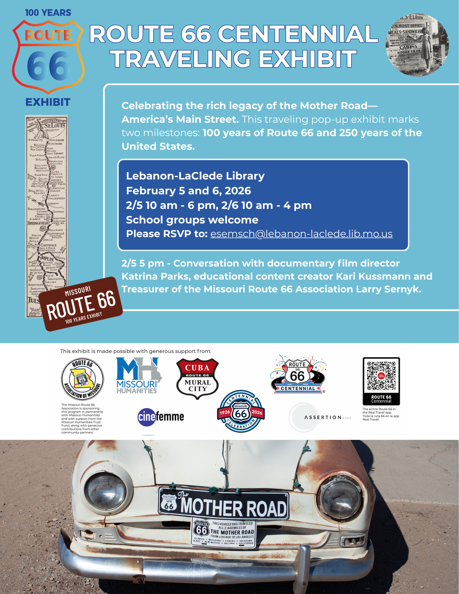 Missouri Route 66 Centennial Exhibit on display at the Lebanon-LaClede County Library in Lebanon MO February 5 and 6