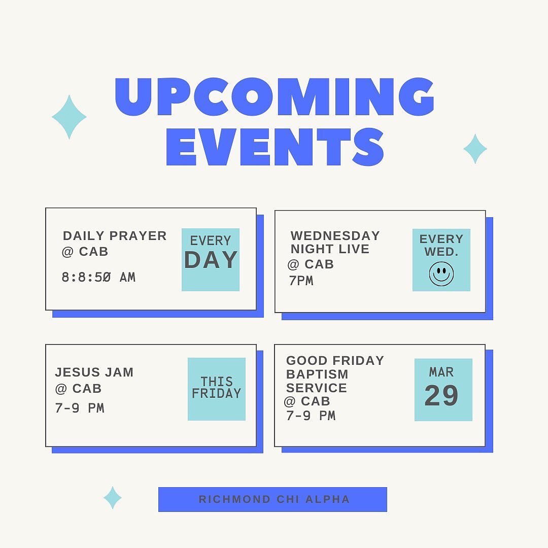 Hey party people! Spring has finally sprung! 🎉We hope you are enjoying the weather and the sunshine! ☀️ Here are your upcoming Chi Alpha events for you! Make sure to invite your friends and classmates! 🤗🌸✨