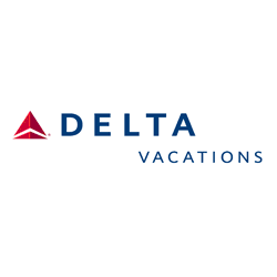 Delta Vacations logo with red and blue text and triangular symbol.