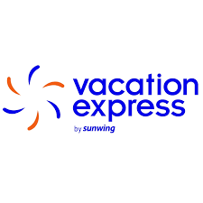 Vacation Express logo featuring blue and orange text with swirling design.
