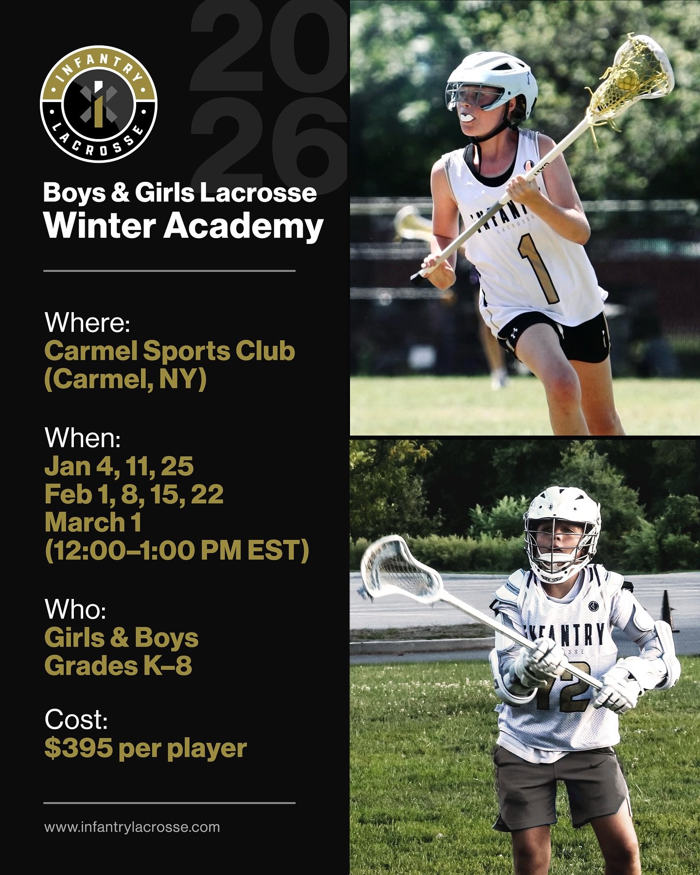 Join the Infantry Winter Lacrosse Academy at the Carmel Sports Club in Carmel, NY

Cost: $395 Dates: Jan 4, 11, 25 &middot; Feb 1, 8, 15, 22 &middot; March 1 Time: 12:00&ndash;1:00 PM EST Who: Girls &amp; Boys &middot; Grades K&ndash;8

(Registration