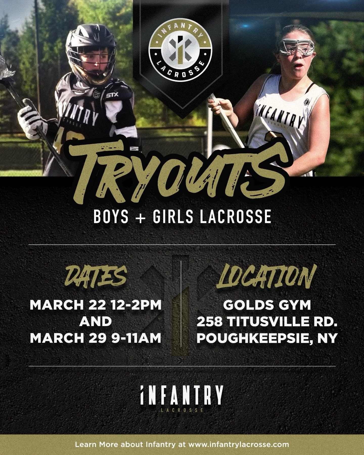 Infantry 845 Lacrosse is excited to announce open tryouts for our Summer Travel Teams.
Tryout Dates &bull; March 22 &mdash; 12:00&ndash;2:00 PM &bull; March 29 &mdash; 9:00&ndash;11:00 AM Location: Gold&rsquo;s Gym, 258 Titusville Rd, Poughkeepsie, N