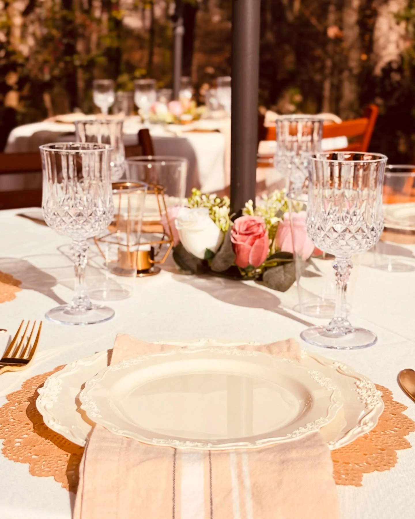 Our Garden Parties Include: Up to 6 tables 
Up to 30 chairs
Linen Table cloth
Umbrellas
Disposable Plates and gold flatware 
Shatterproof glassware 
Linen Napkins
Decorative Accessories 
LED candles