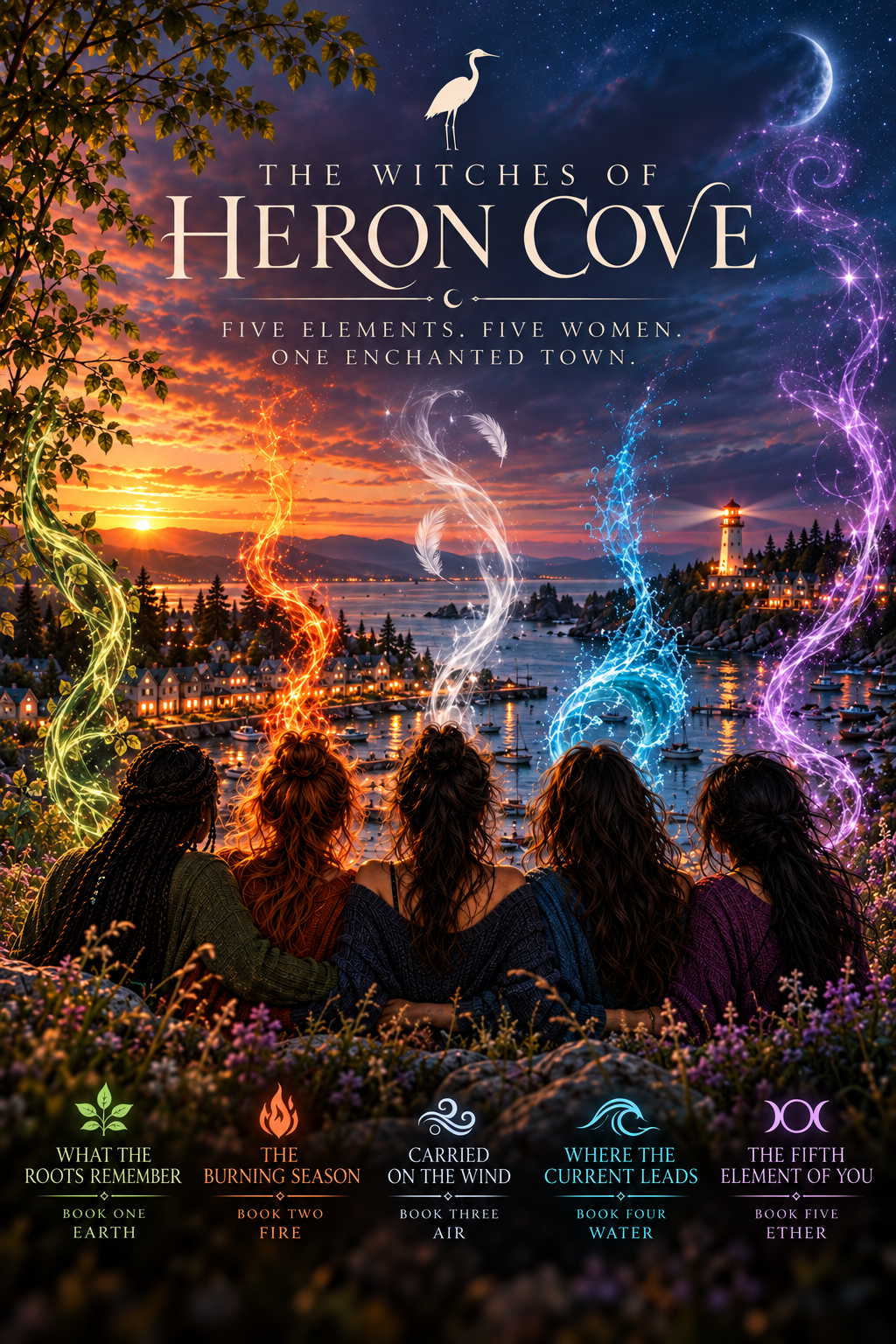 An illustrated promotional poster for the book series "The Witches of Heron Cove," featuring five women sitting on a hill overlooking a sunset over a harbor town with boats, a lighthouse, and mountains. The women are associated with five elements: ea