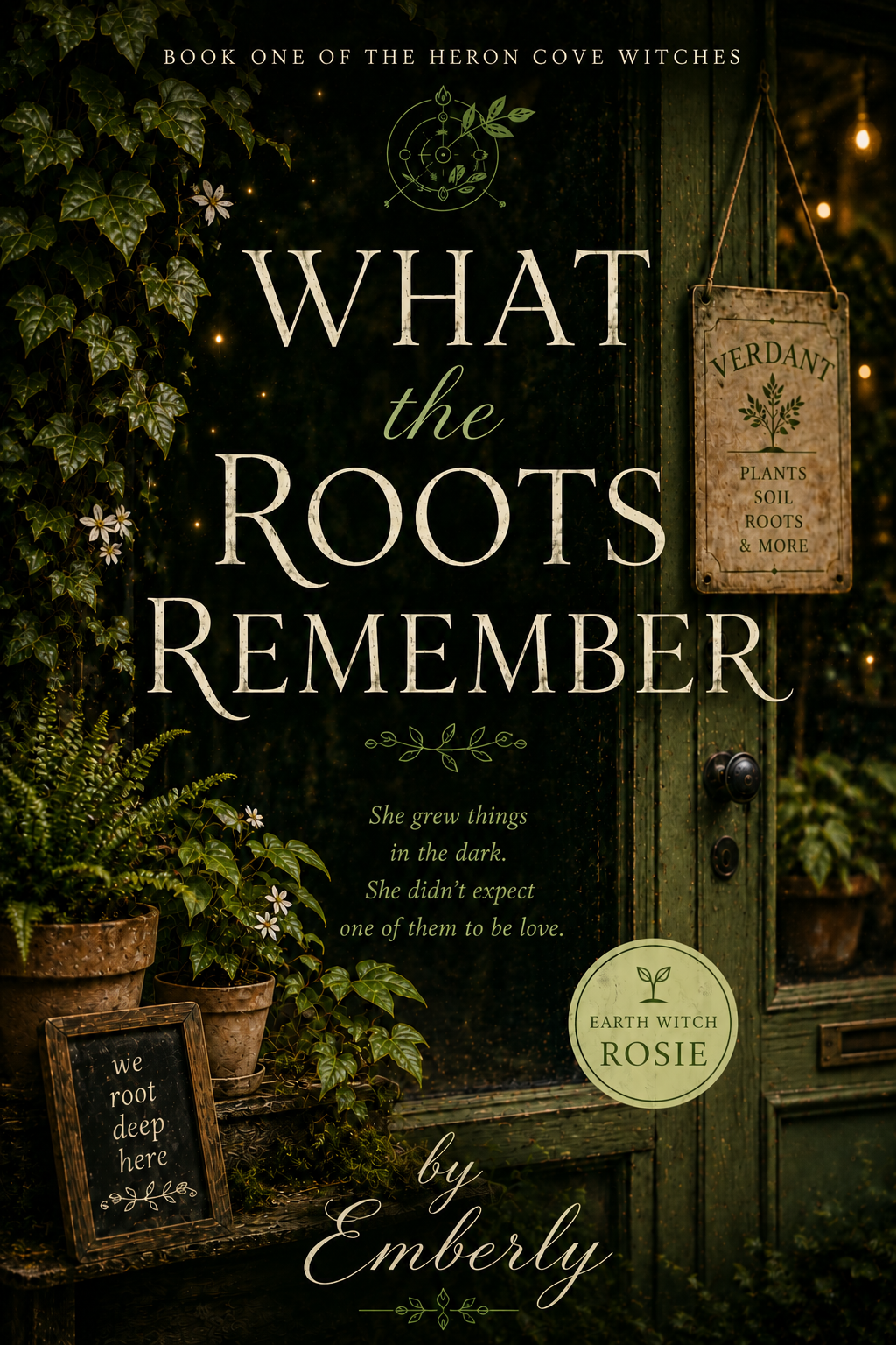 Book cover titled 'What the Roots Remember' by Emberly, featuring potted plants and greenery, with an earthy, mystical theme, and additional signs about roots and plants.