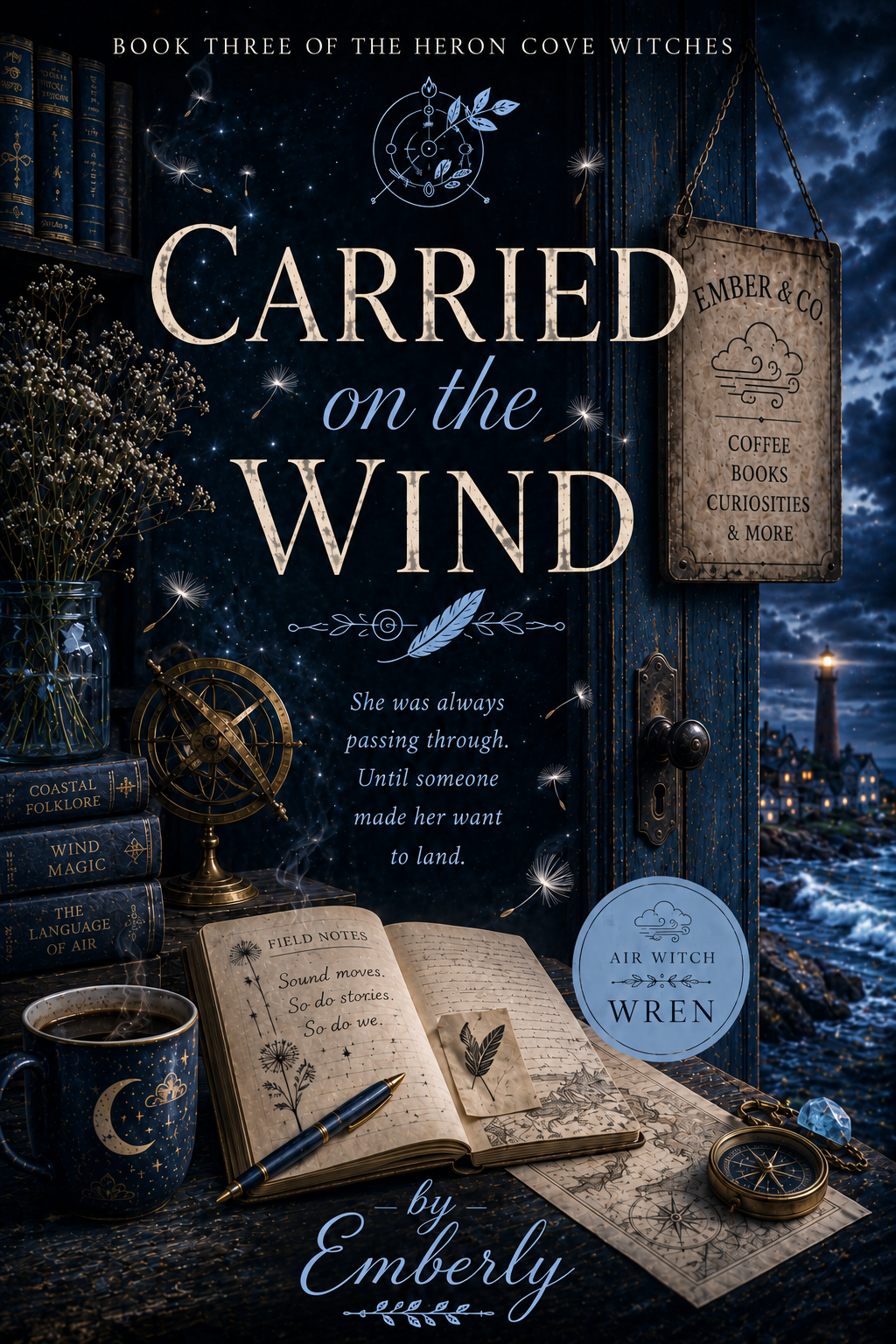 Cover of the book titled "Carried on the Wind" by Emberly, part three of The Heron Cove Witches series, featuring mystical and nautical elements such as books, a cup of coffee, a compass, a pen, a map, and a night sky with a lighthouse in the backgro