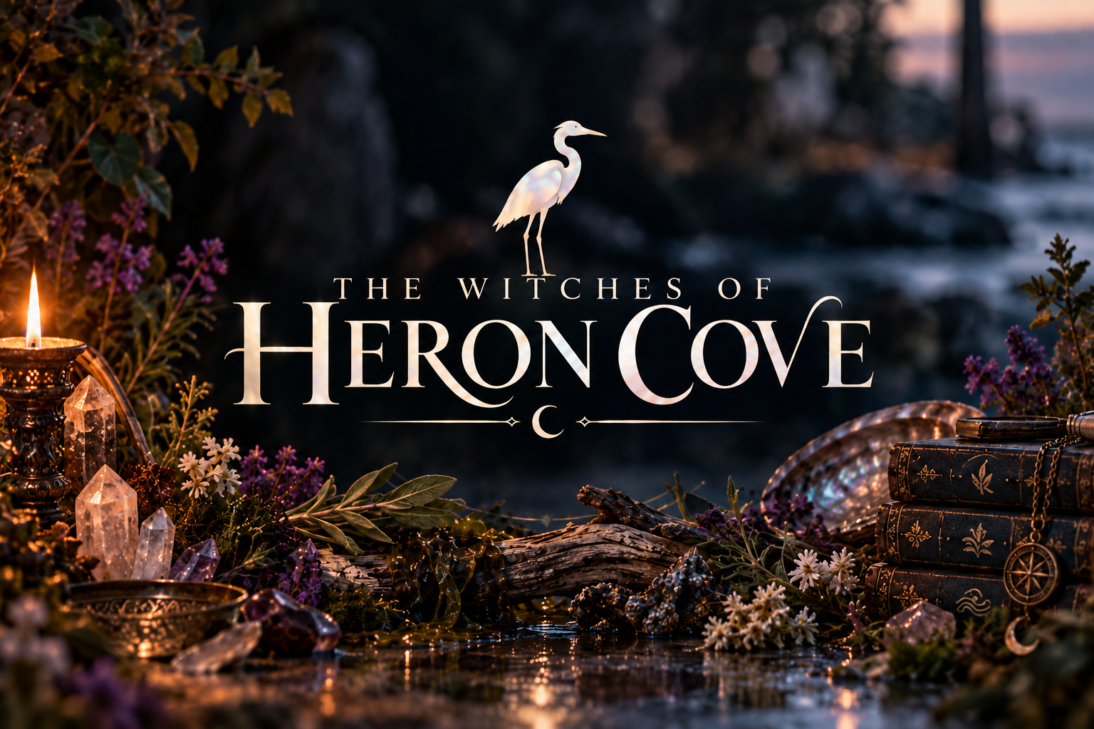 Promotional image with a heron in the center, titled "The Witches of Heron Cove," featuring candles, crystals, books, flowers, and mystical objects in a dark, mystical setting near water.