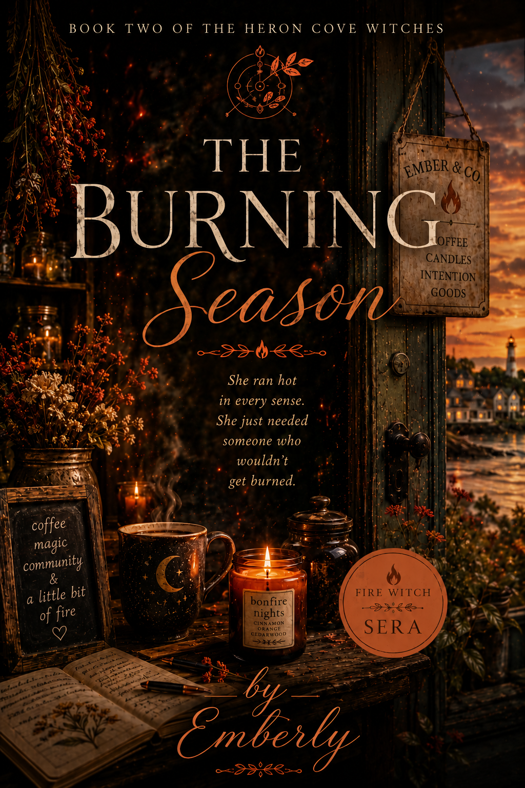 Book cover for 'The Burning Season' by Emberly, featuring autumnal decor, books, candles, a coffee mug with a moon design, and a sign for Ember & Co. The background shows a sunset scene with a lighthouse and houses by the water.
