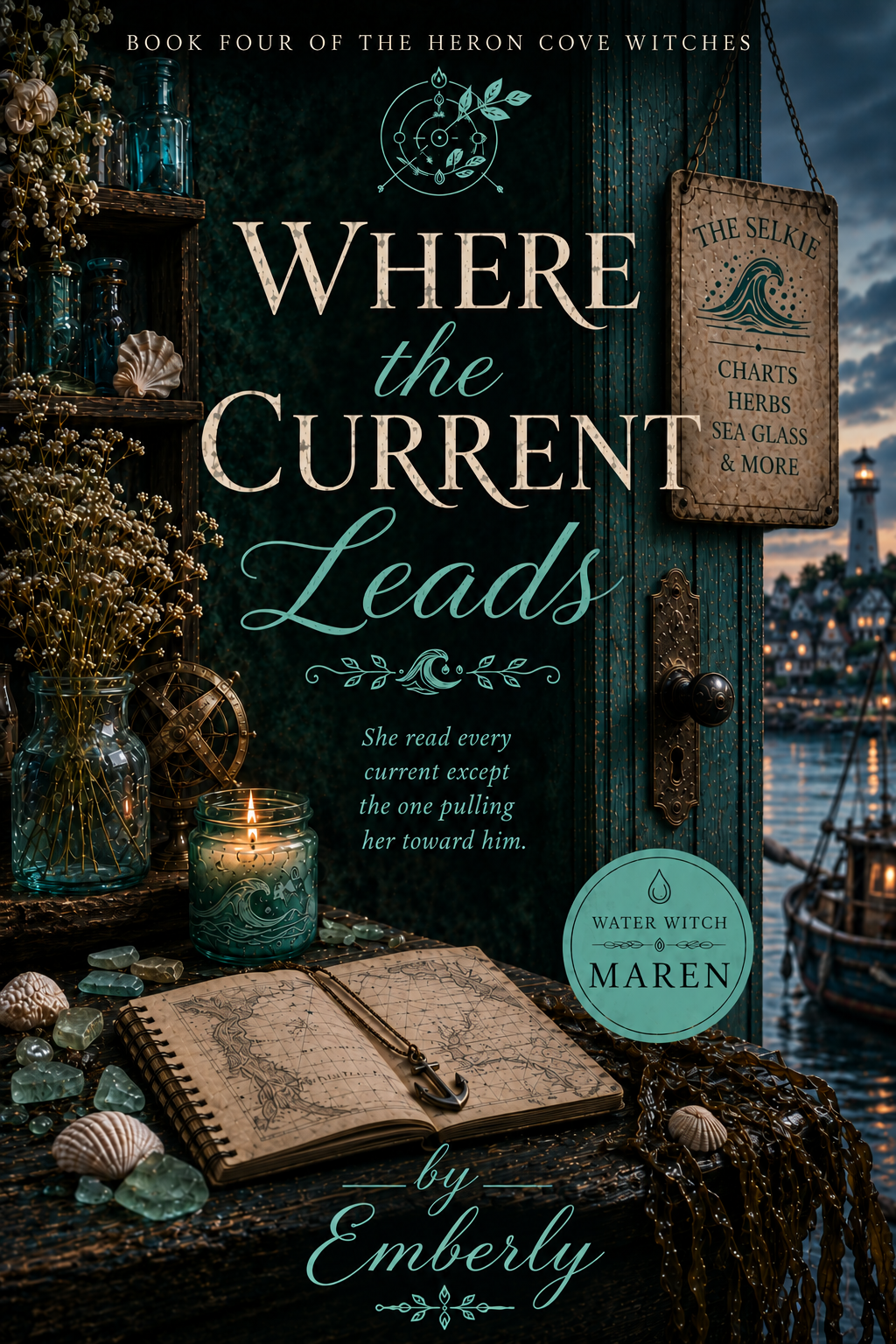 Book cover titled "Where the Current Leads" by Emberly, part of the Heron Cove Witches series. Features seaside decor, an open nautical chart with an anchor, seashells, a lit candle, and a view of a harbor with boats and a lighthouse at dusk.