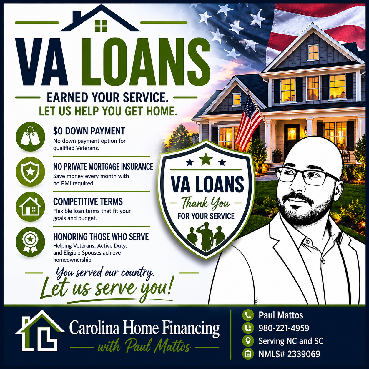 VA home loan benefits for veterans and active-duty military homebuyers in North Carolina and South Carolina, including no down payment and no PMI requirements.