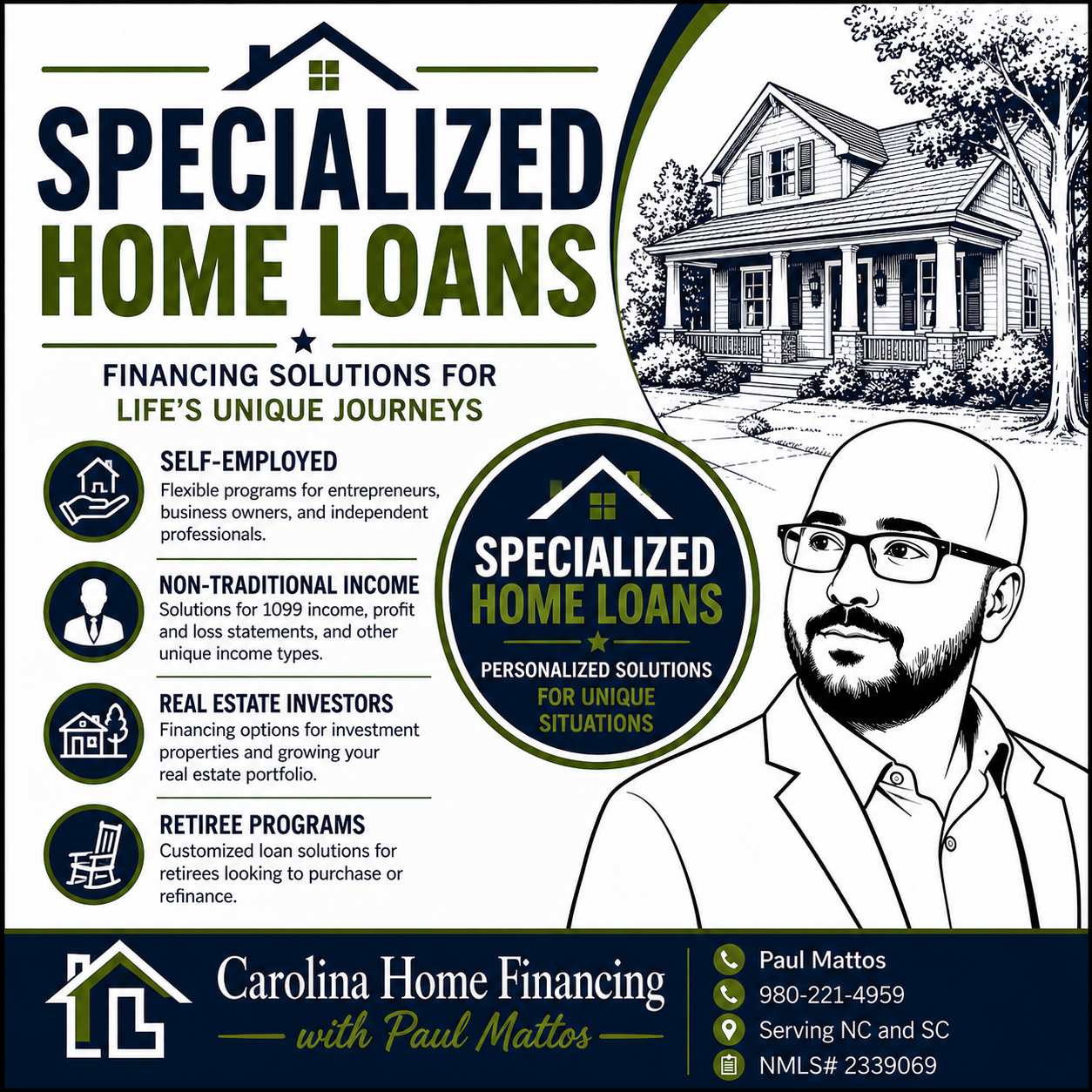 Specialized home loan programs for self-employed borrowers, retirees, investors, and individuals with non-traditional income in North Carolina and South Carolina.