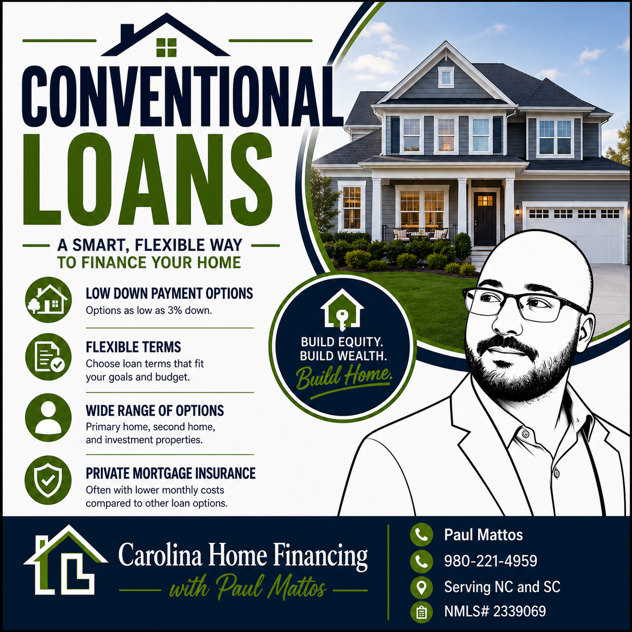 Conventional home loan options from Carolina Home Financing with Paul Mattos featuring a modern home, low down payment mortgage programs, flexible loan terms, and financing solutions for North Carolina and South Carolina homebuyers.