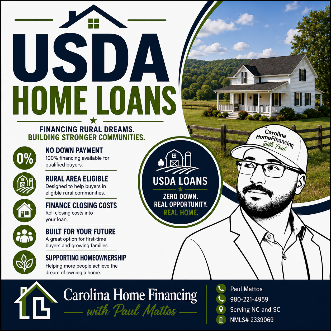 USDA home loan program offering 100% financing and no down payment for eligible homebuyers in rural North Carolina and South Carolina.