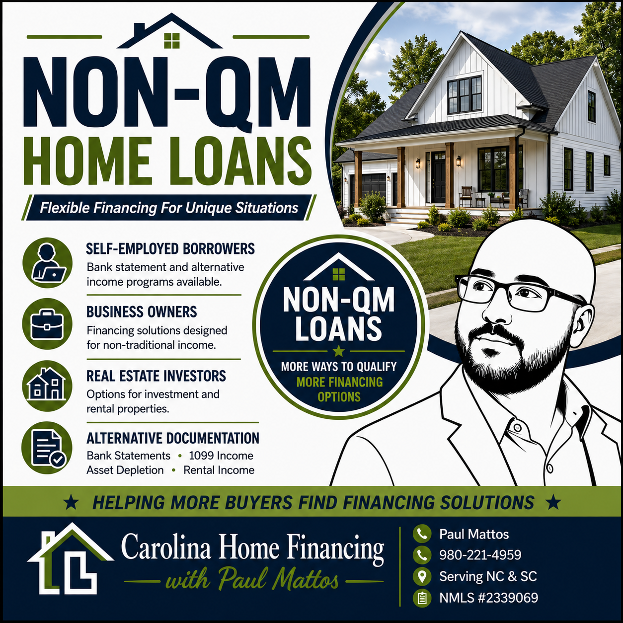 Non-QM home loan options for self-employed borrowers, business owners, and real estate investors in North Carolina and South Carolina.