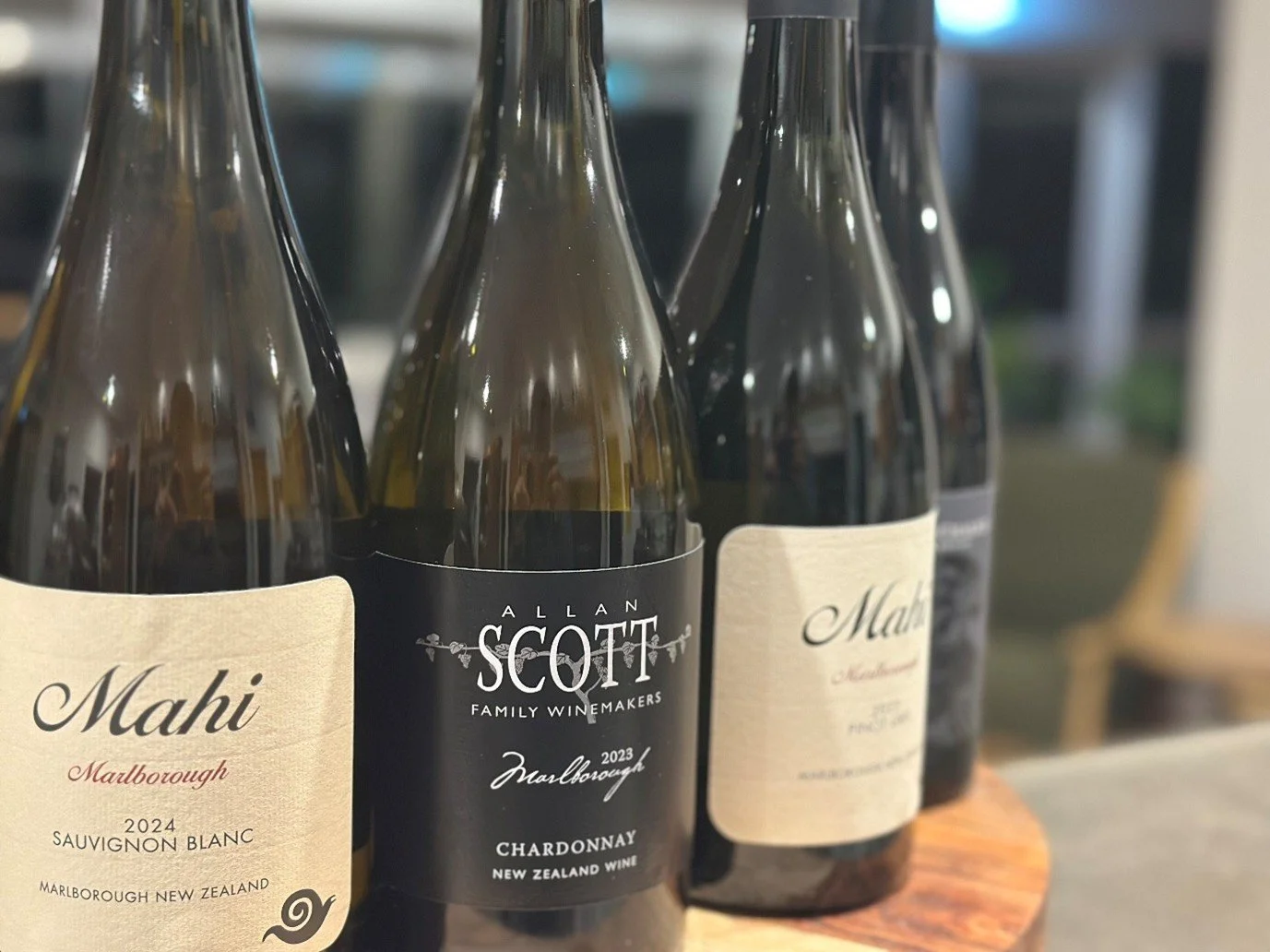 Close-up of Marlborough New Zealand wines from Mahi and Allan Scott wineries.