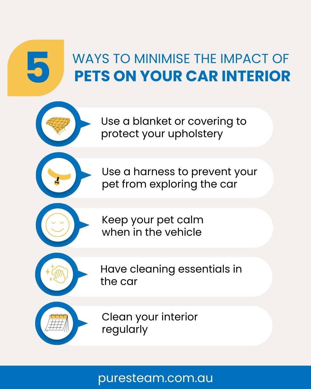🐕 Check out our 5 ways to minimise the impacts pets can have on your car interior!⁠
⁠
Our beloved furry companions cause some wear, tear and odours on our car interiors. 🐾⁠
⁠
Follow these 5 tips and don't forget I'm always here for that deep cleans