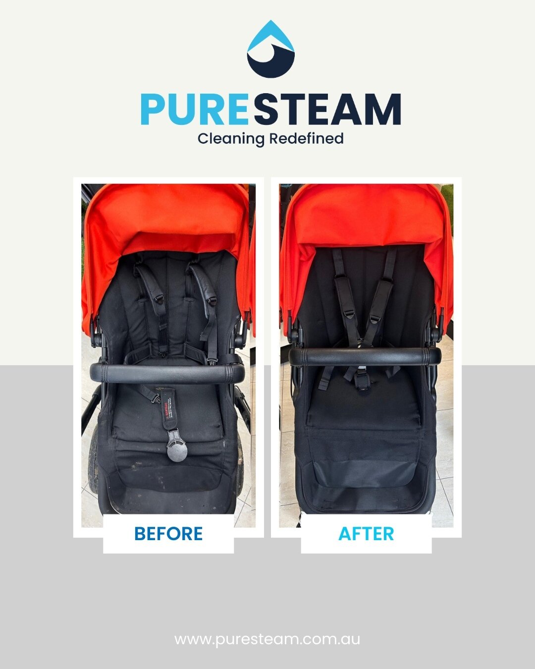 One thing I've learned as a dad: Regardless of the type of pram you have, they all get grubby 🙈⁠
⁠
Well, let me get you in on something: steam cleaning reality does work its magic, removing those nasty stains and odours from your pram and making it 