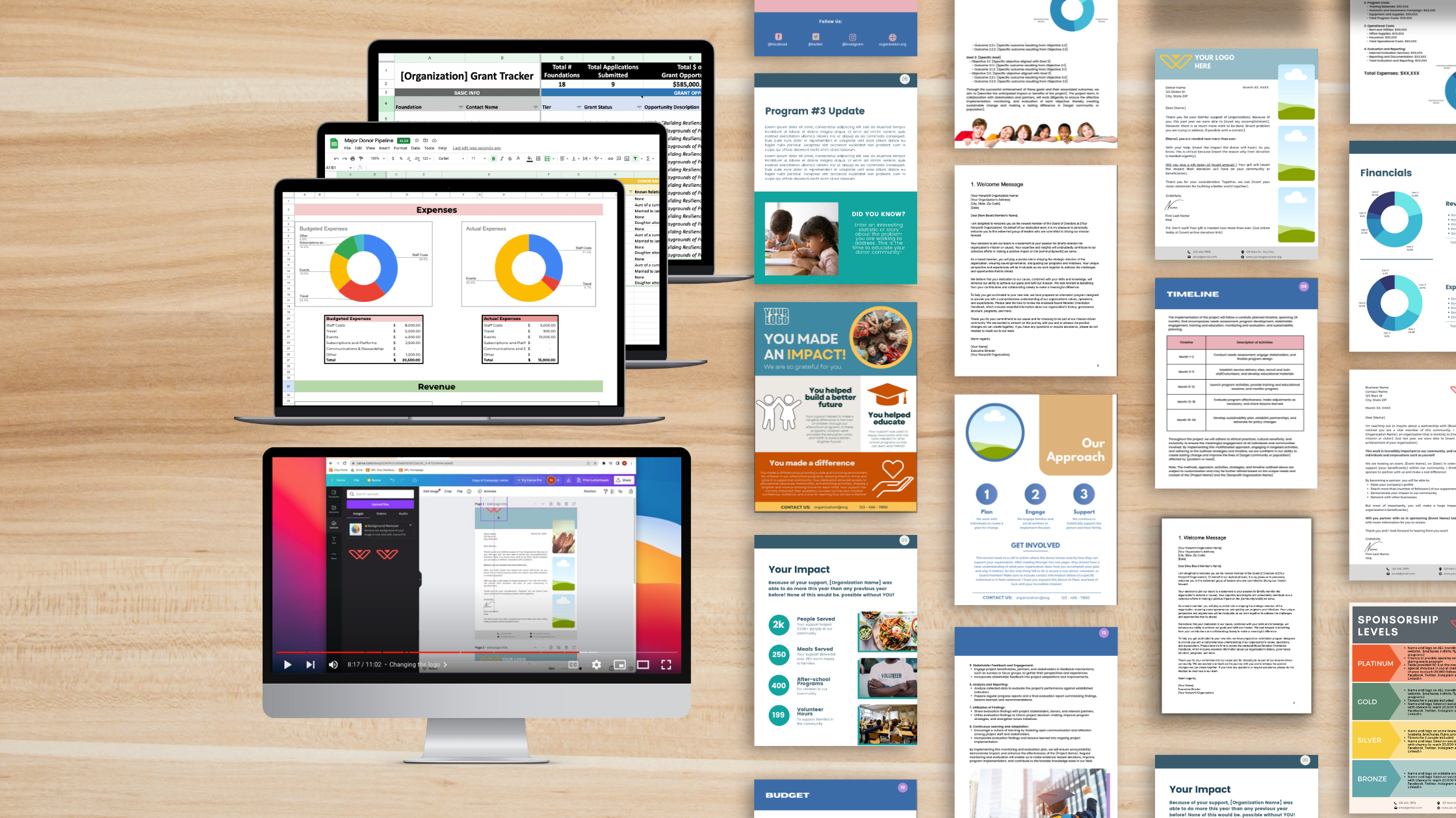 Various digital devices and paper documents on a wooden desk, including laptops and a desktop monitor displaying spreadsheets, presentations, marketing materials, and graphs related to organizational planning, financial tracking, and project updates.