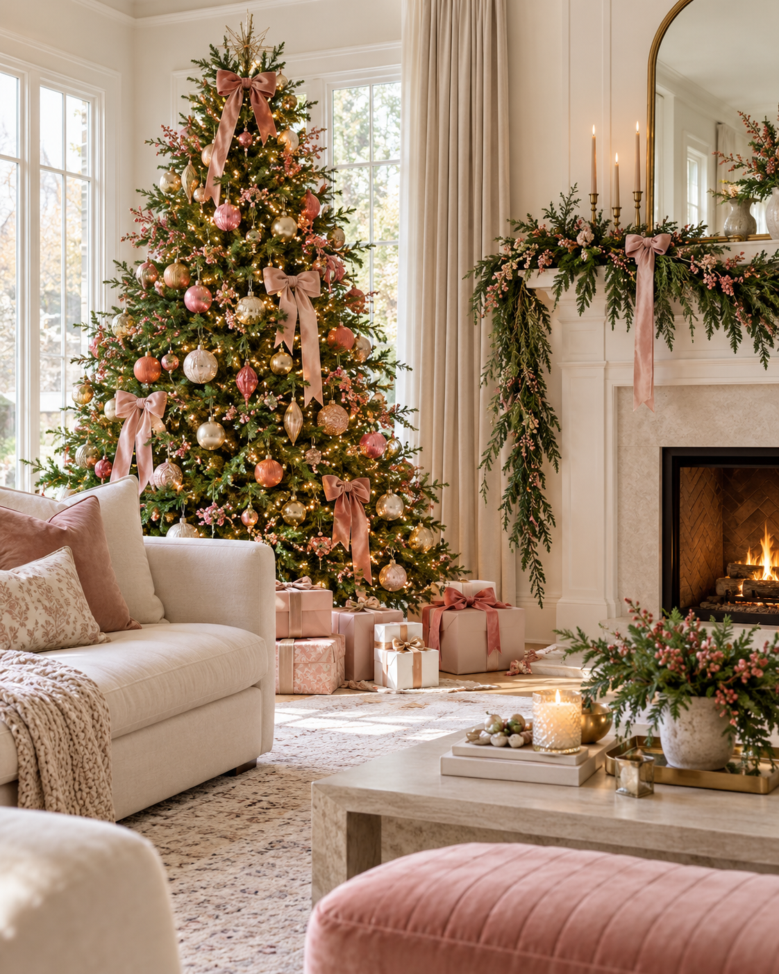AI-generated holiday inspiration: blush ribbon Christmas tree and evergreen mantel in a bright living room.