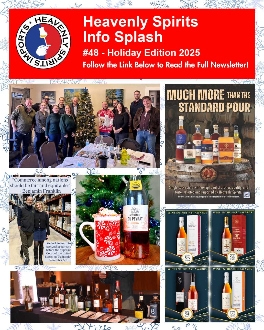 Collage of photos of people, liquor bottles, and hot chocolate in a festive mug.