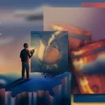 Abstract image of person standing on US looking at paintings of brandy process