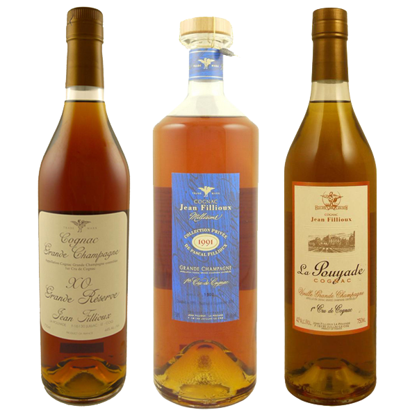 Three bottles of Jean Fillioux Cognac on a white background