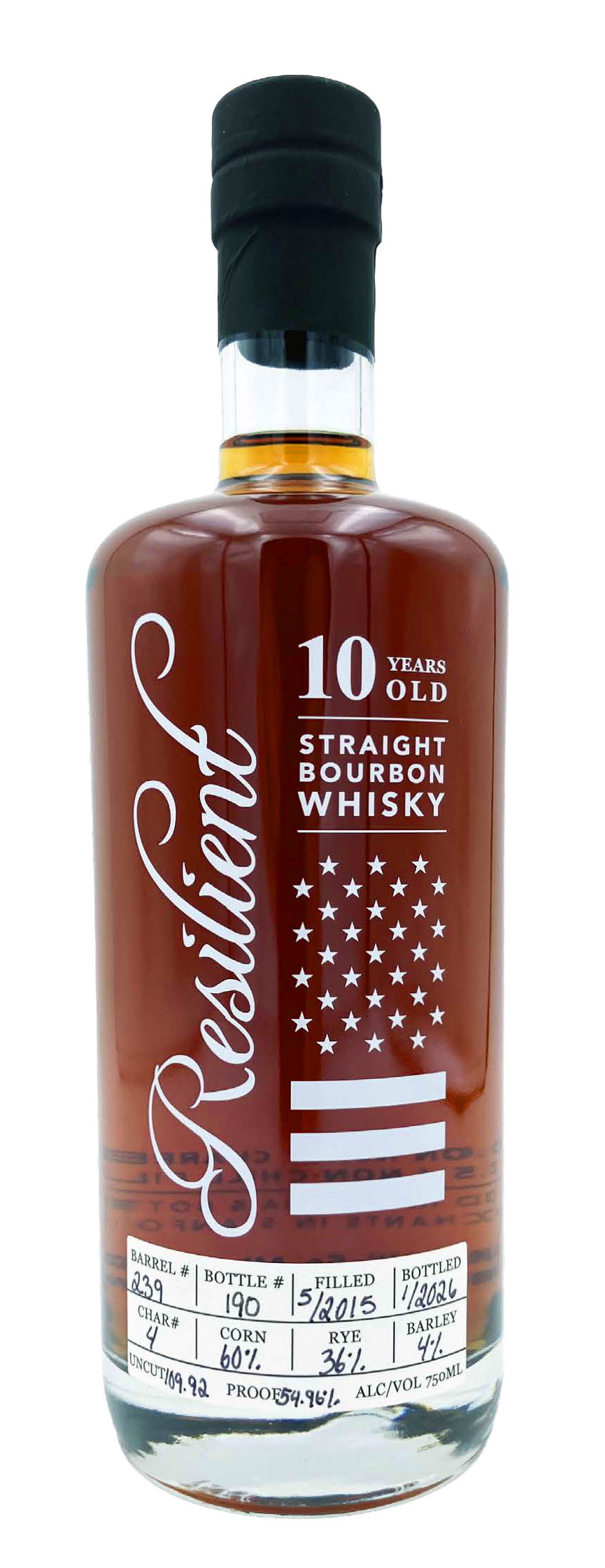 Bottle of 10-year-old Resilient straight bourbon whisky with a black cap and a label featuring white text and  American flag design elements, along with batch and alcohol content details.
