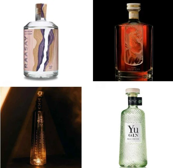 Four liquor bottles on contrasting black and white grid