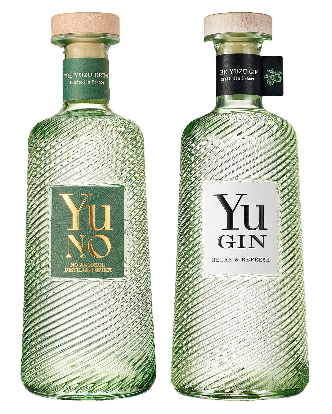 Image of Yu Gin and Yu NO bottles, green glass bottles inspired by Zen garden design