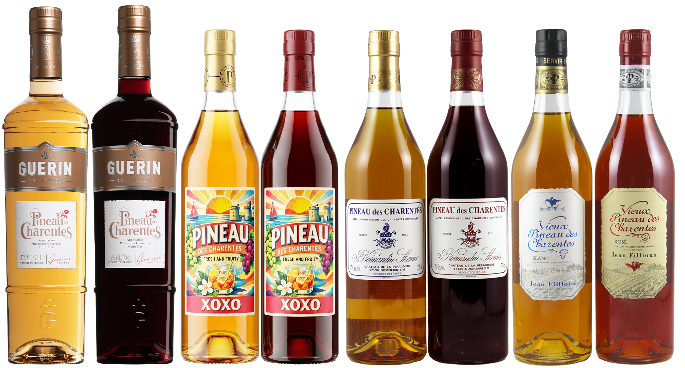 A lineup of white and red Pineau des Charentes, featuring Guerin, XOXO, Normandin-Mercier, and Jean Fillioux.