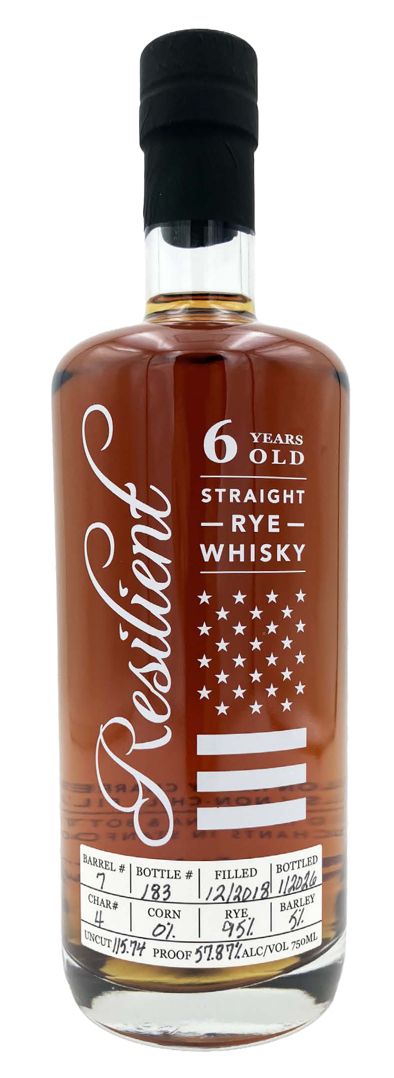 A bottle of 6-year-old Resilient straight rye whiskey from with American flag design elements on the label, along with batch and alcohol content details.
