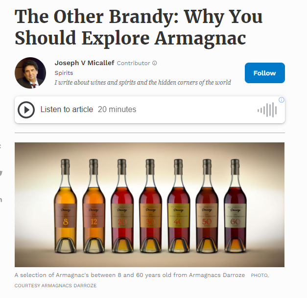 Light to dark bottles of Armagnac in a line