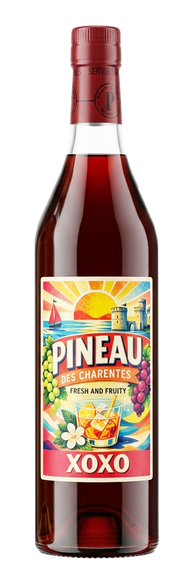 A bottle of XOXO Pineau des Charentes Rouge, showing a rich ruby-red fortified wine. The colorful label illustrates a seaside landscape with a sailboat and castle, emphasizing a premium, fruity profile perfect for chilled cocktails.