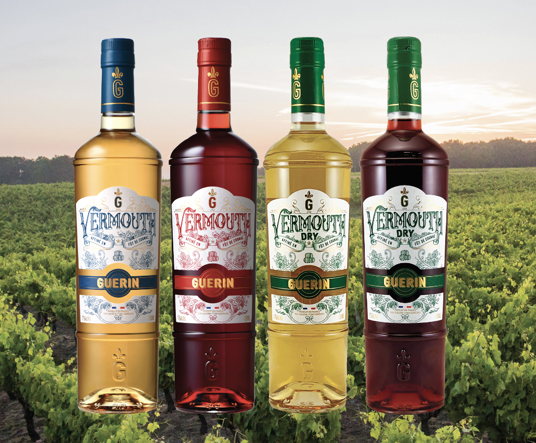 Four expressions of Guerin Vermouth crafted from a base of Pineau des Charentes, wine and botanicals, including Sweet White, Sweet Red, Dry White, and Dry Red on a background of vineyards.