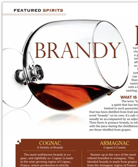 Brandy snifter lying on its side with brandy inside and title Brandy
