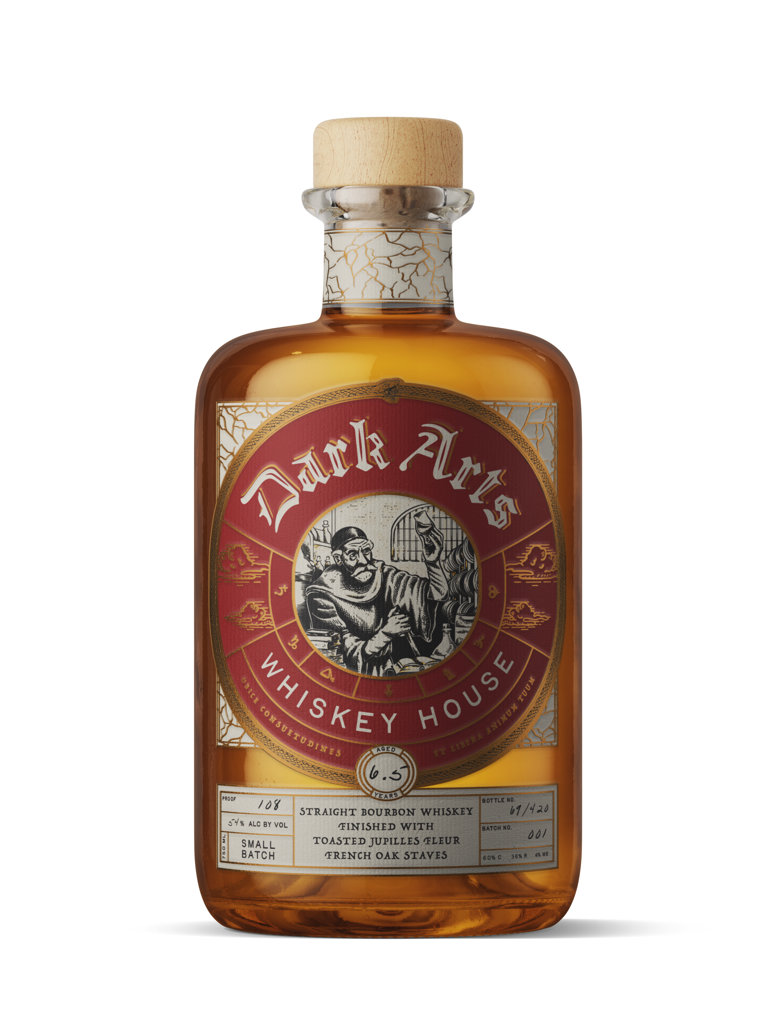 Red Labeled Dark Arts Whiskey French Oak Bourbon Bottle