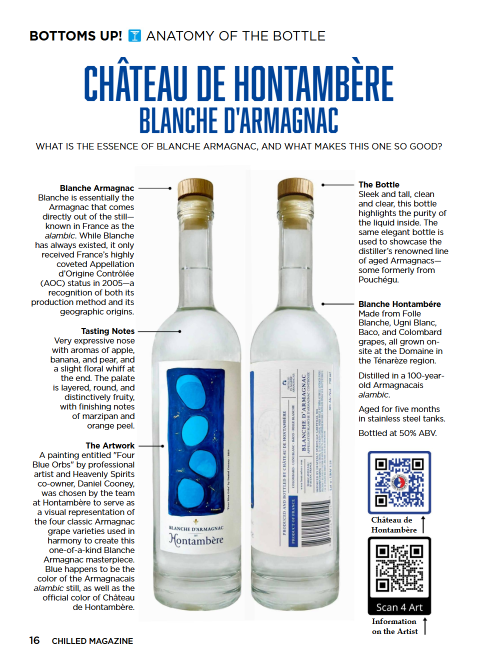 Screenshot of an article with front and back of a bottle side-by-side featuring a royal blue label with 4 vertical floating lighter blue orbs.