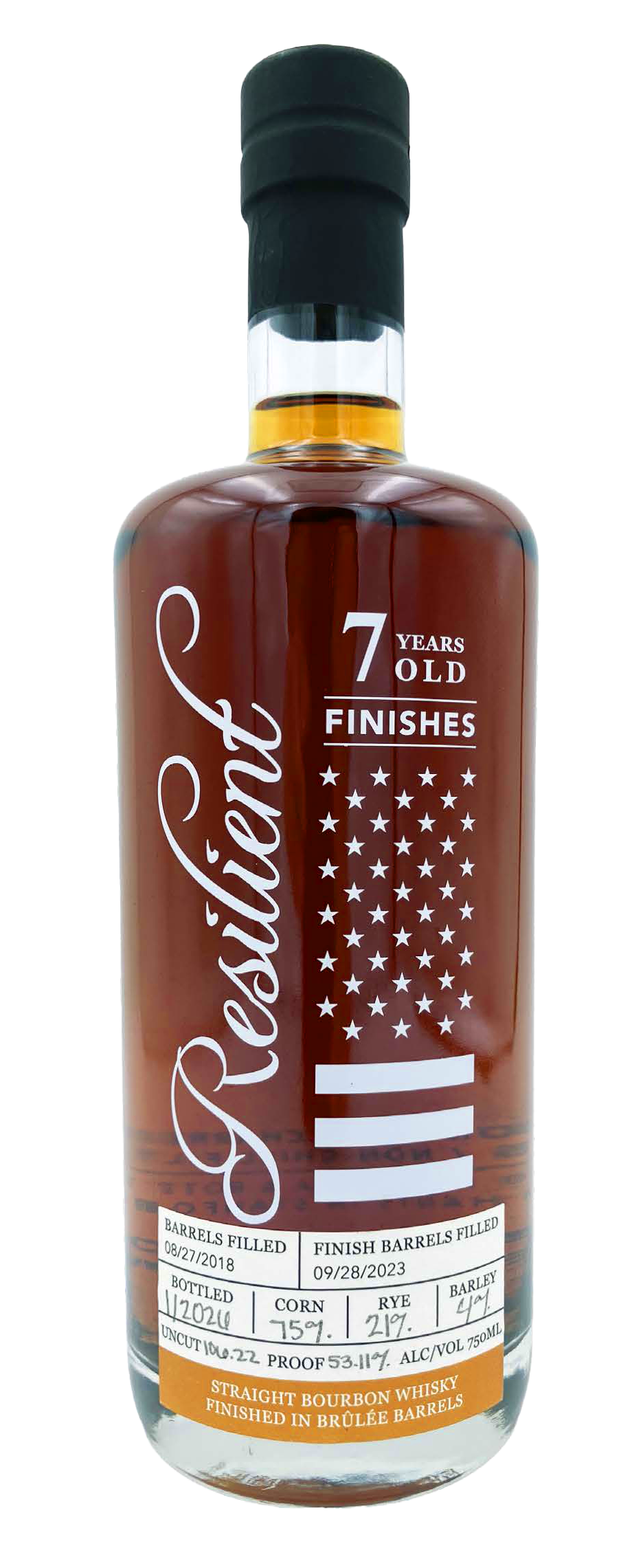 A bottle of Resilient straight bourbon whiskey with a label indicating 7 years old, finished in Brûlée barrels, with detailed production and bottling information and American flag design elements on the label.