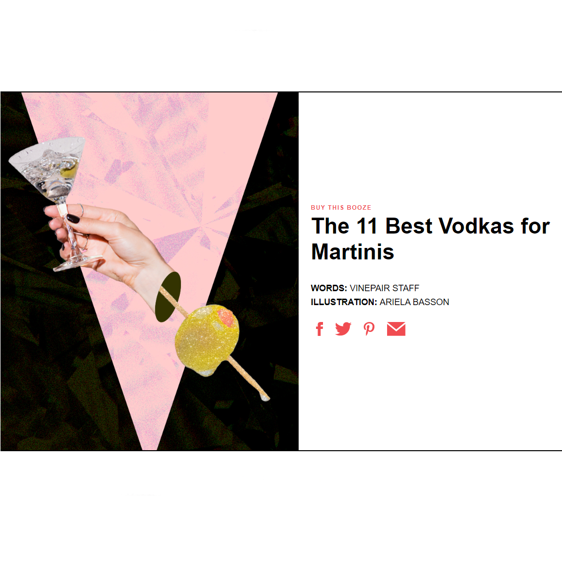 Illustration of disembodied hand on a cocktail pick with olive holding a martini glass with pink and black background