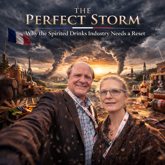 The Perfect Storm" graphic featuring a man and woman in front of a dramatic stormy sky. Text reads "Why the Spirited Drinks Industry Needs a Reset" with distillery equipment and the Eiffel Tower.